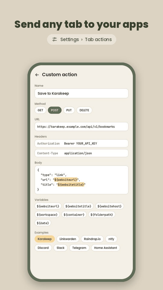 A tab sent to Karakeep with one tap on a custom action