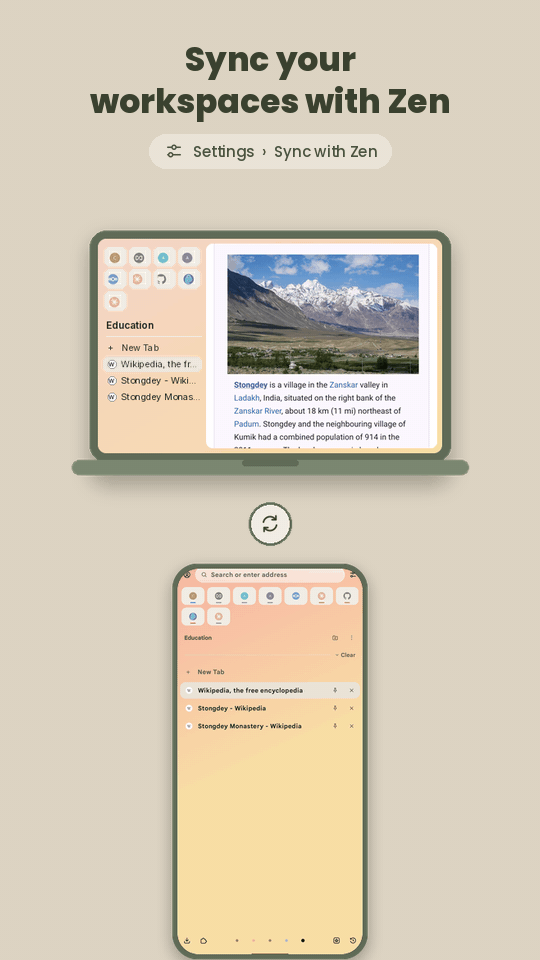 A workspace changed in Zen on a laptop shows up the same way in Dejavu on a phone